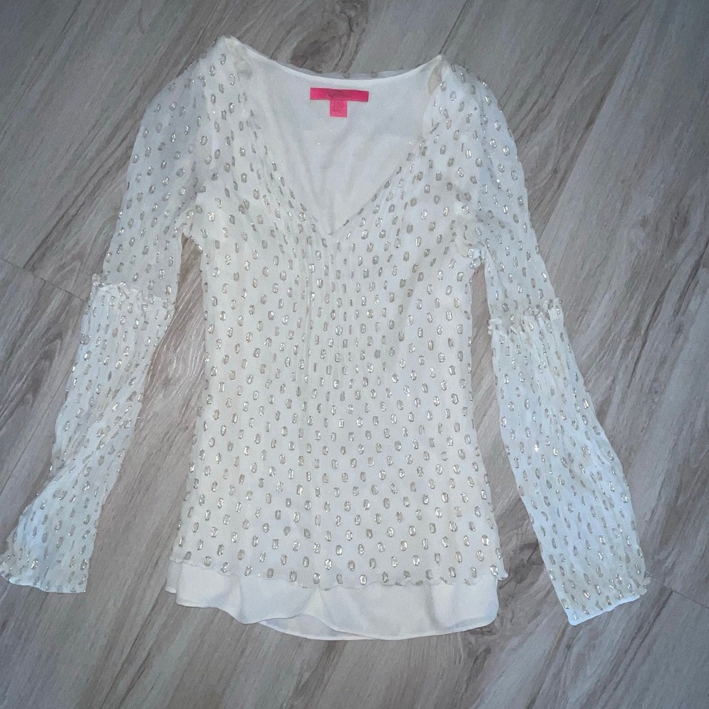 Lilly Pulitzer White Size 10 Ruffled Sleeved Shirt